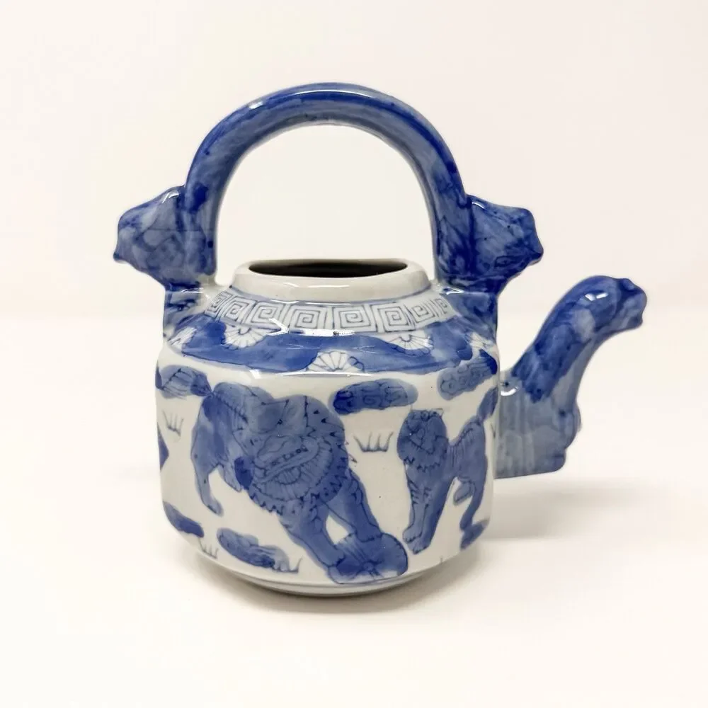 Blue White Foo Dog Porcelain Teapot Vase Chinese Guardian Lion Decor Planter